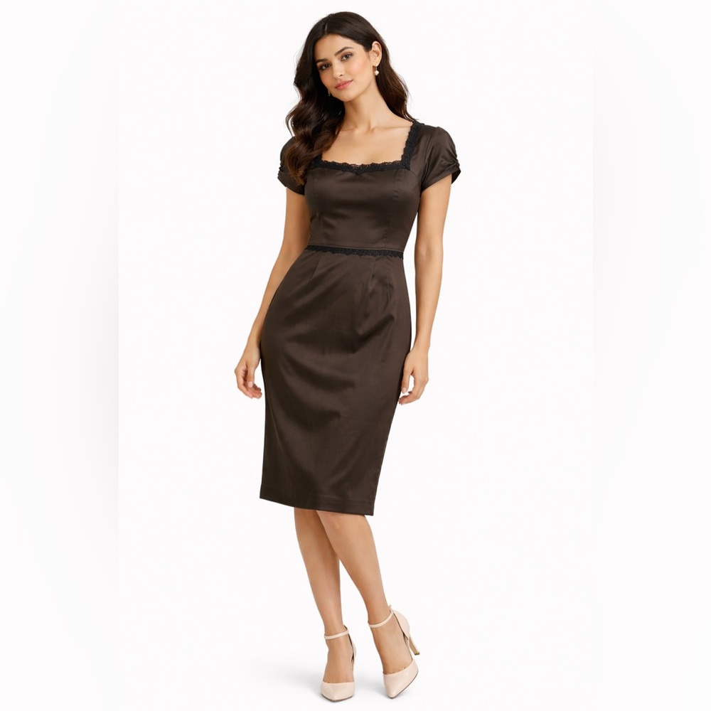 NWT. ADRIANNA PAPELL OLIVE GREEN SATIN LACE MIDI DRESS WOMENS SIZE 4